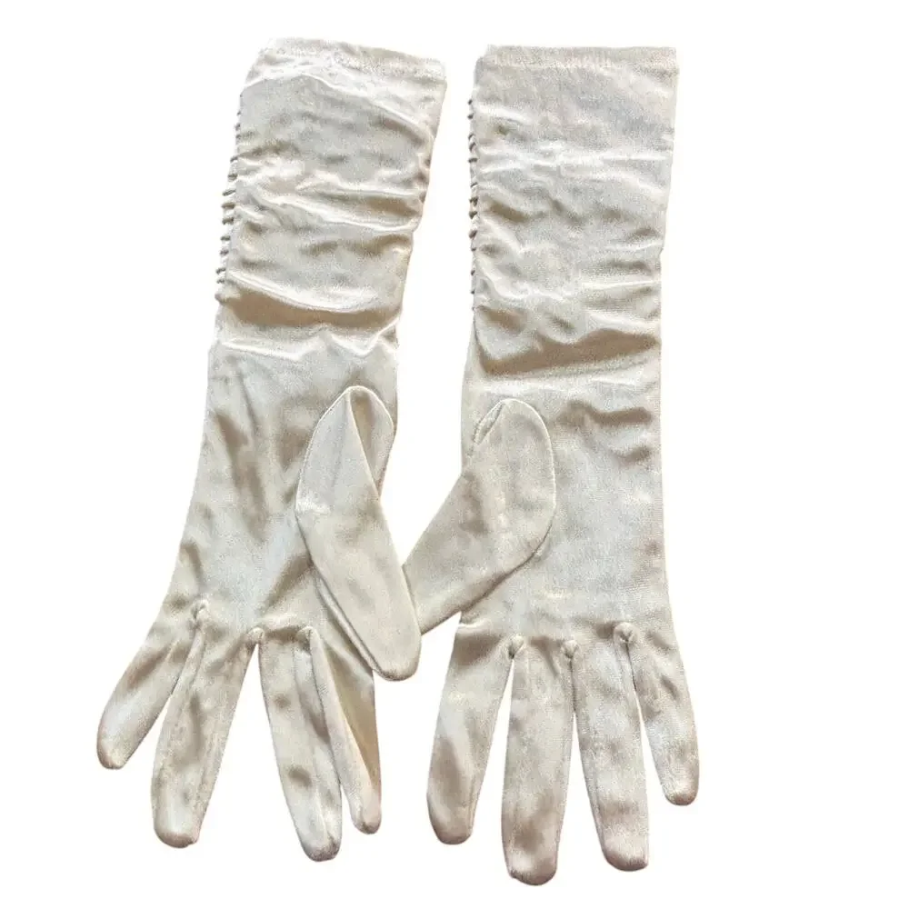 Ladies ruched satin gloves creamy white nylon ruched stretch spandex One Size